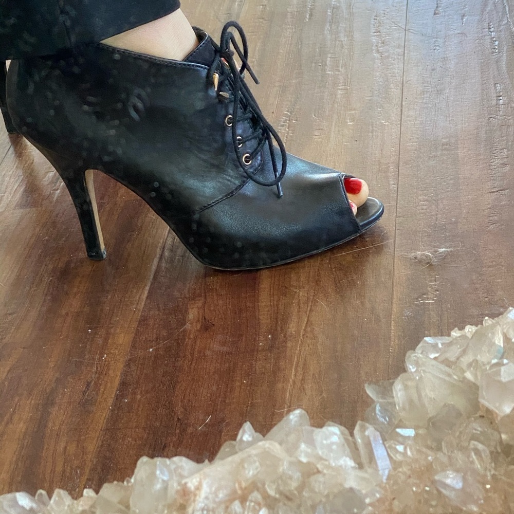 Black open toe bootie heels